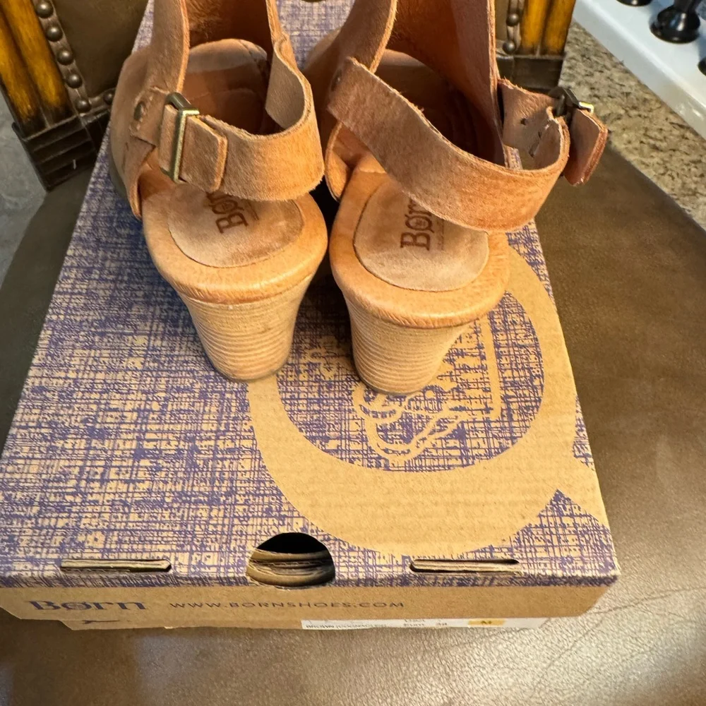 Born Tan Leather Peep-Toe Sandals - Picture 3 of 8